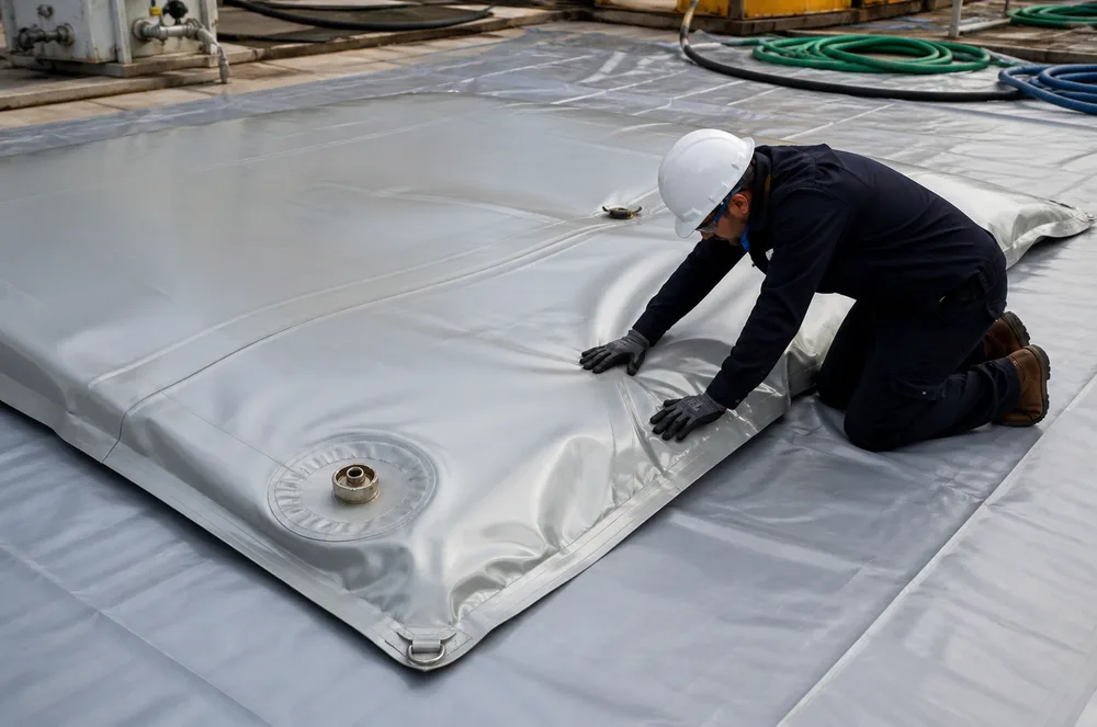 Technician performing pillow tank maintenance and seam inspection