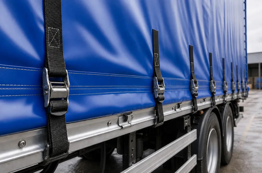 Blue PVC curtain side with reinforced straps and metal buckles