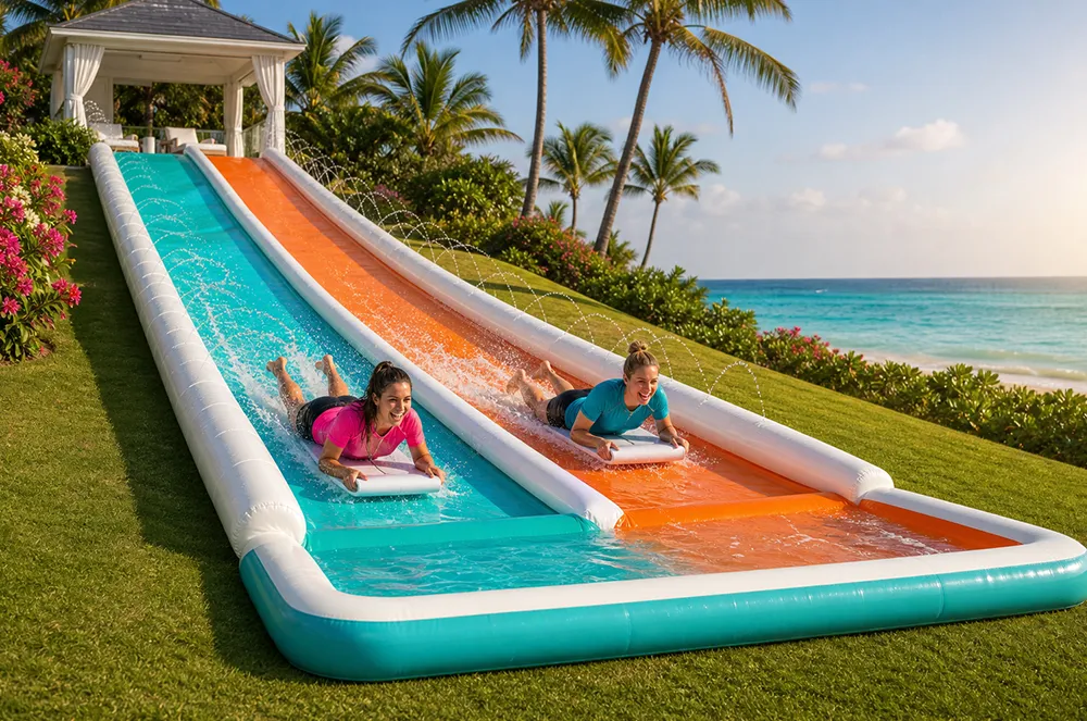 Two-lane inflatable water slide illustrating a private-label slip-and-slide product application