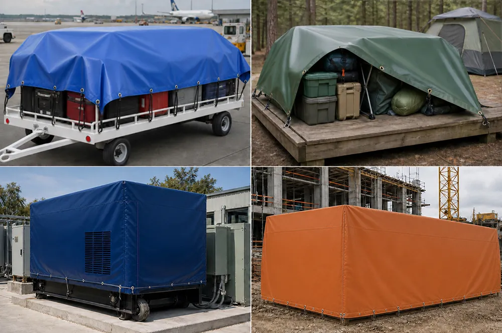 PVC tarp cover examples for cargo, camping equipment, machinery and construction materials