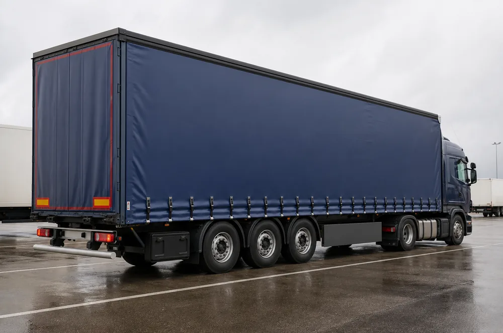 Smooth PVC tarpaulin side curtain installed on a freight trailer