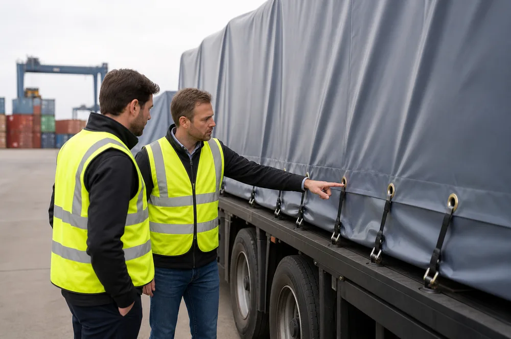 Trade professionals reviewing the construction of a PVC tarp-covered cargo load