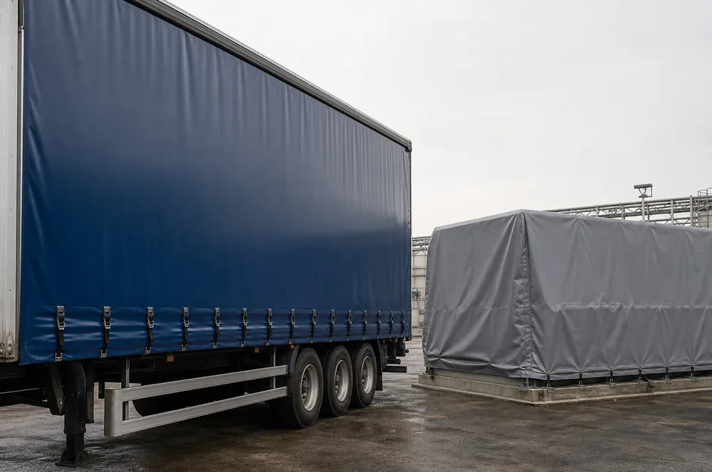 PVC tarpaulin used as a truck side curtain and fitted industrial equipment cover