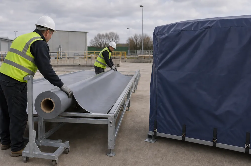 PVC tarpaulin roll material being deployed beside a completed industrial cover