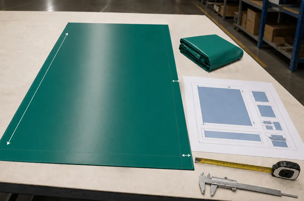 Green coated slip-and-slide tarp sample reviewed with a size drawing and measuring tools