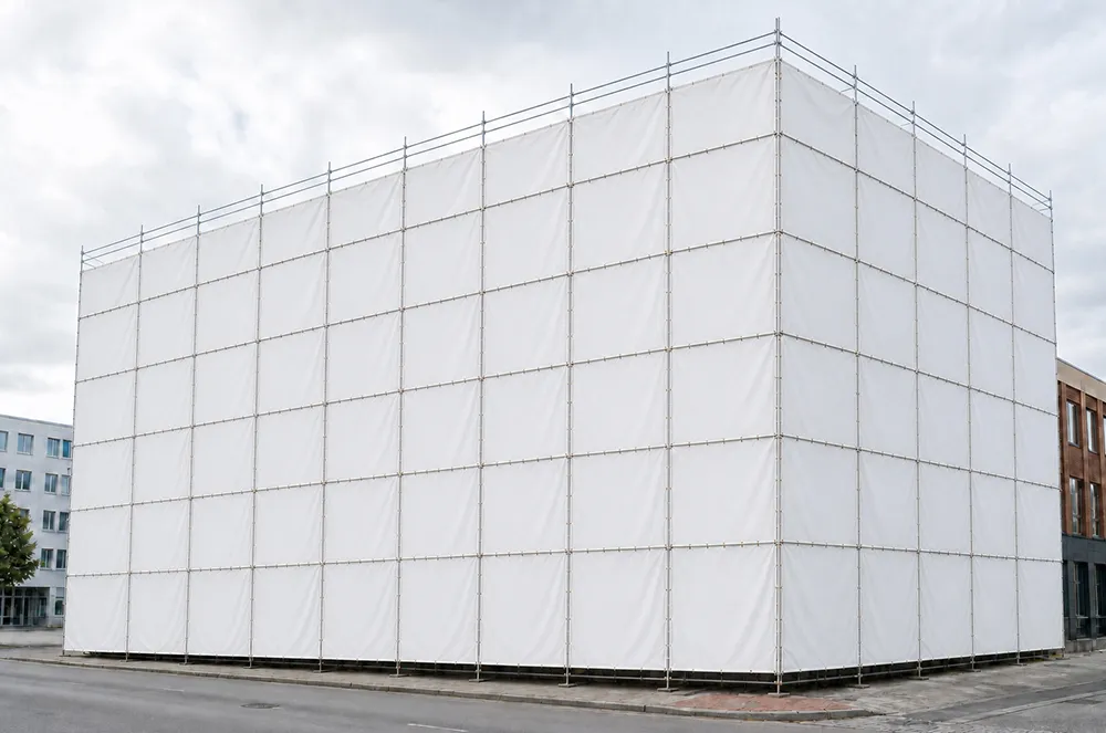 White solid scaffold tarp panels installed across a building facade