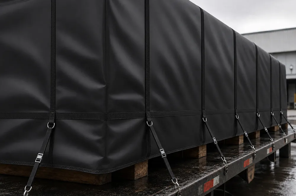 Industrial tarp secured over a flatbed load with reinforced webbing, D-rings and adjustable straps