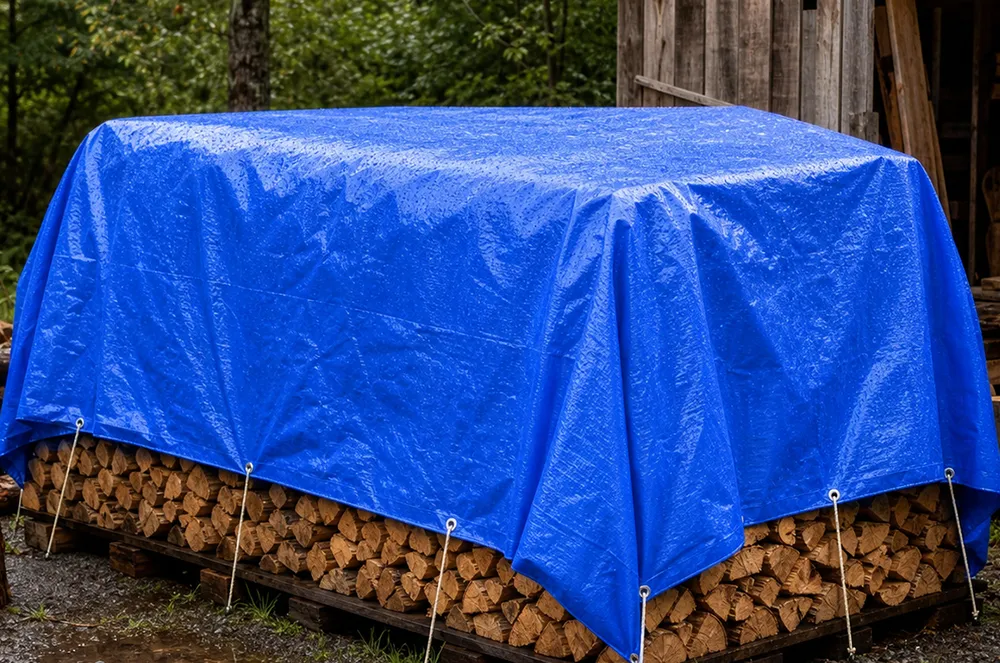 Blue tarpaulin tied over stacked firewood for outdoor weather protection