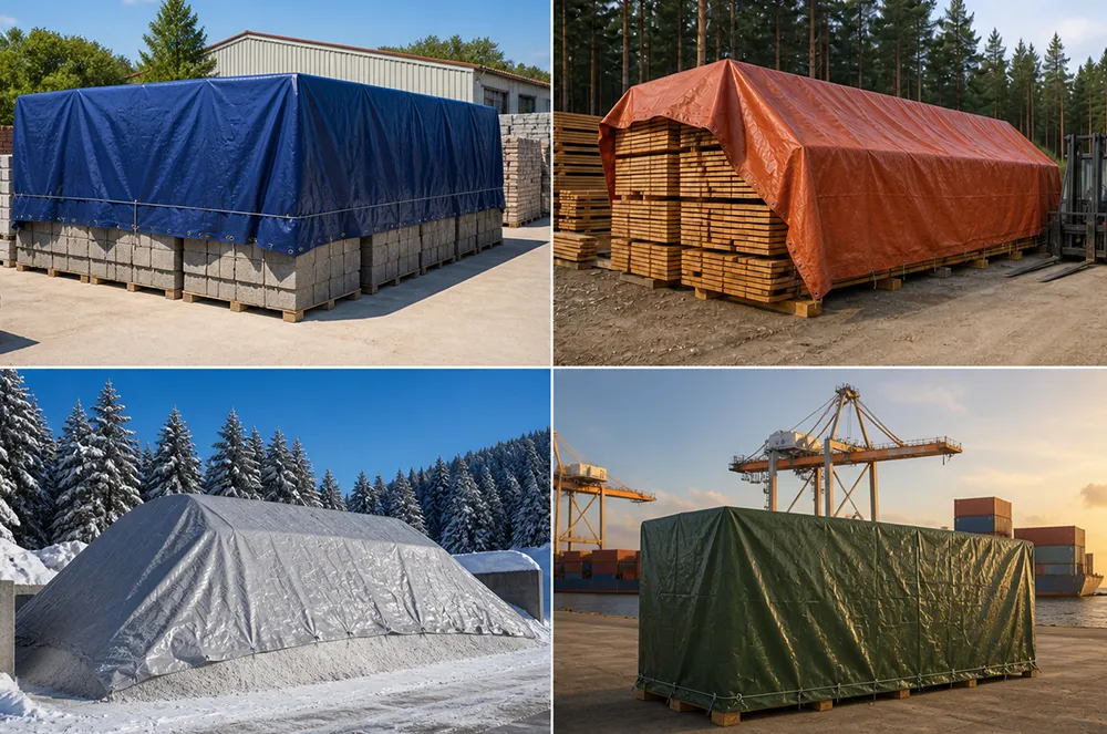 Tarpaulin application examples covering masonry, lumber, outdoor storage and port cargo