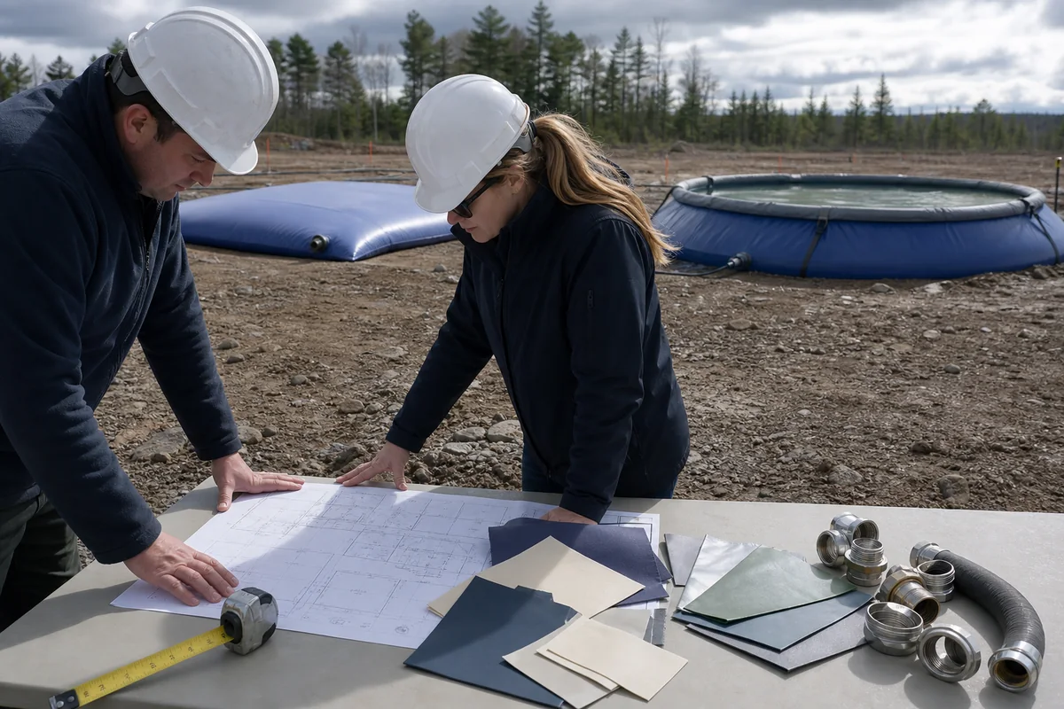 Temporary water tank buyer checklist review with site plan fittings and material swatches