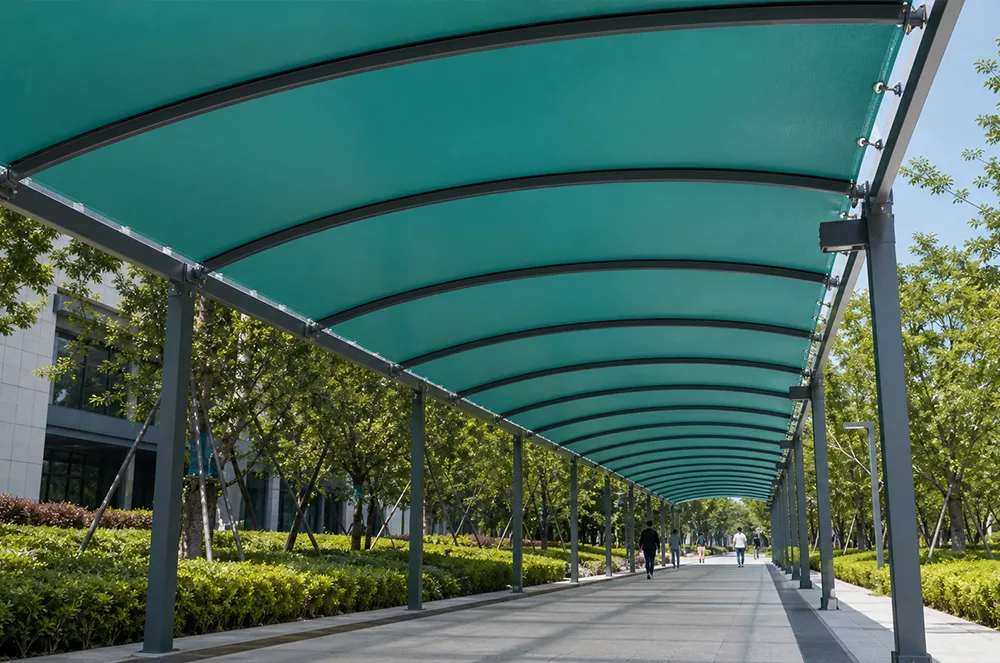 Tensioned membrane canopy installed over an outdoor pedestrian walkway