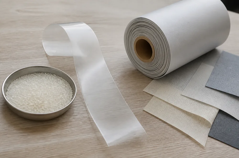 Polymer granules, thin flexible film and coated textile shown as different material forms