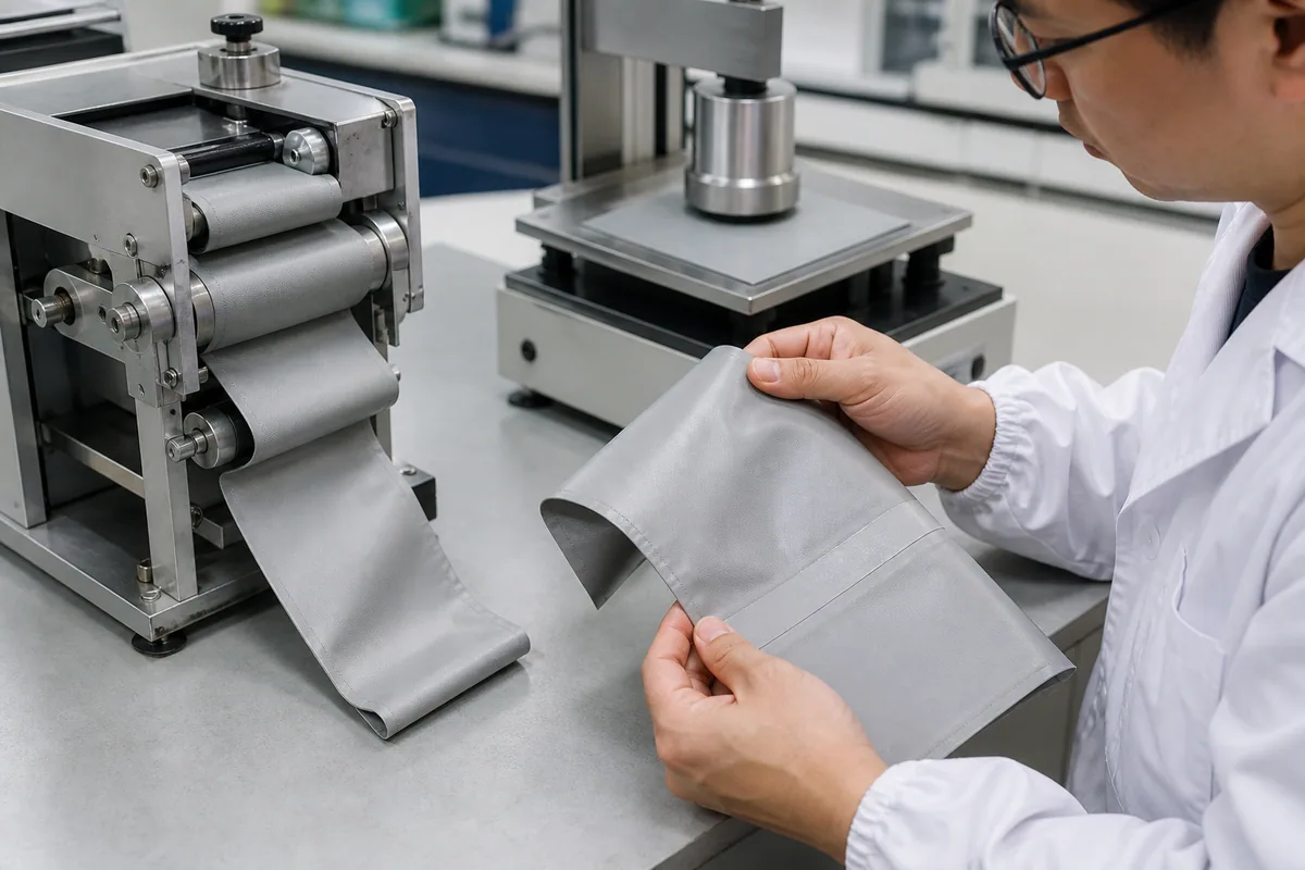 TPU coated fabric sample inspected after fold and abrasion conditioning