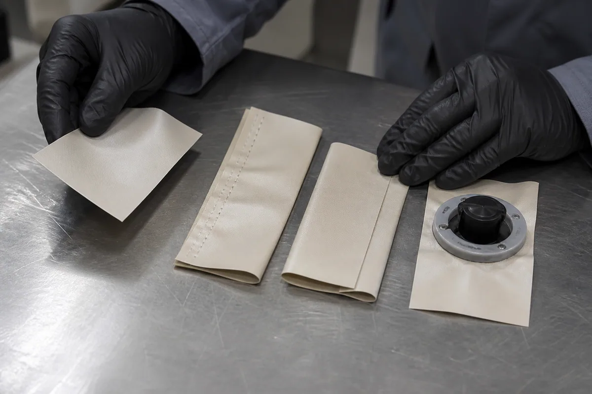Cut sewn welded and fitted TPU coated fabric samples compared for fabrication leakage risk