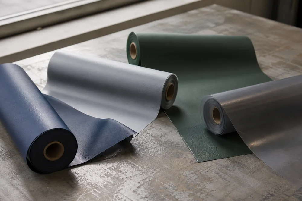 Unlabelled coated technical fabric rolls and flexible swatches with different finishes
