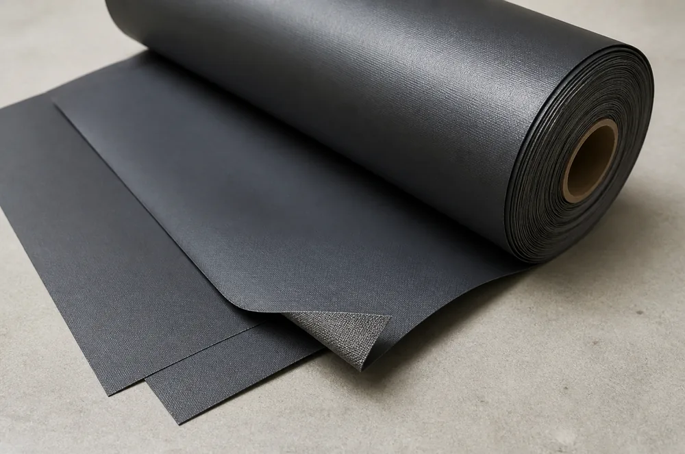 Thin coated textile roll and flexible front-and-back swatches showing a composite fabric concept
