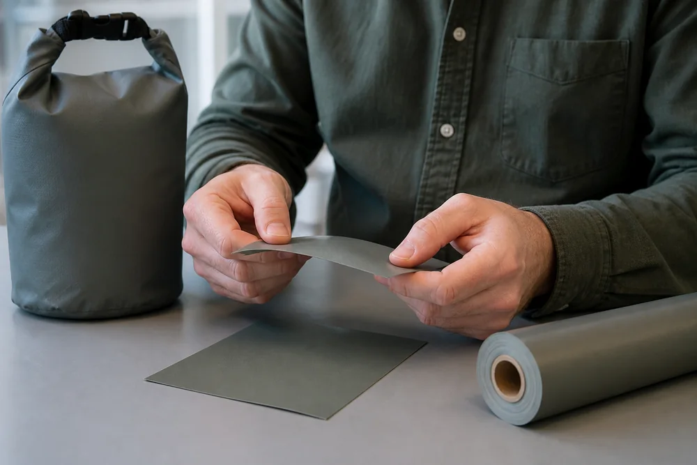 B2B material review with coated fabric samples and an unbranded dry bag prototype