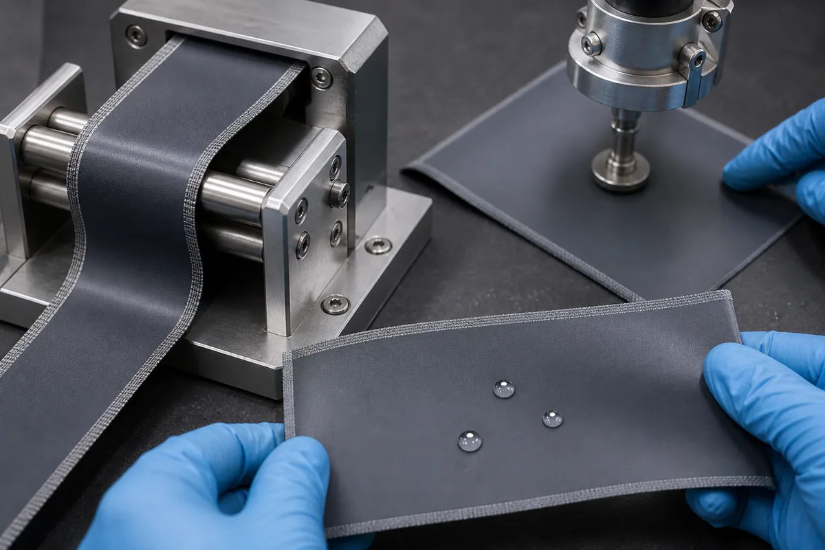 TPU fabric samples checked after flex and abrasion barrier testing