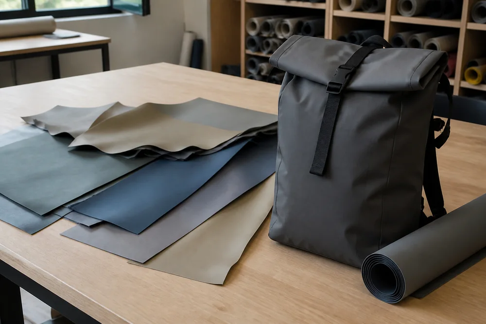 Clean coated textile offcuts separated beside durable unbranded technical gear