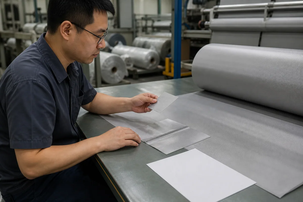 Approved TPU fabric swatch and welded joint compared with a bulk roll