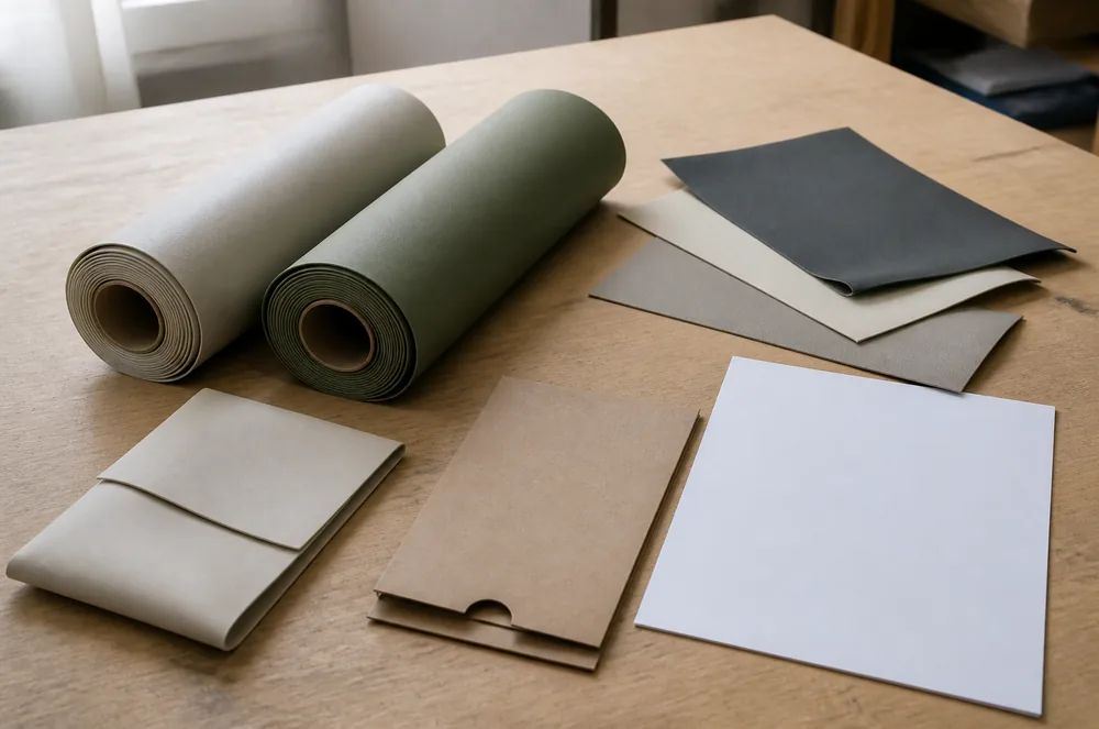 Thin coated fabric rolls, flexible swatches and a blank worksheet prepared for specification review