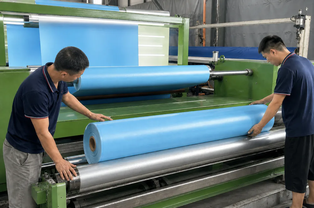 LonaTarp factory workers handling a blue coated fabric roll on production equipment
