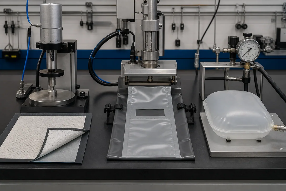 TPU textile laminate bag panel and inflatable sample prepared for different product tests