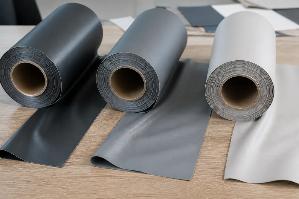 Three unlabelled coated technical fabric rolls reviewed side by side