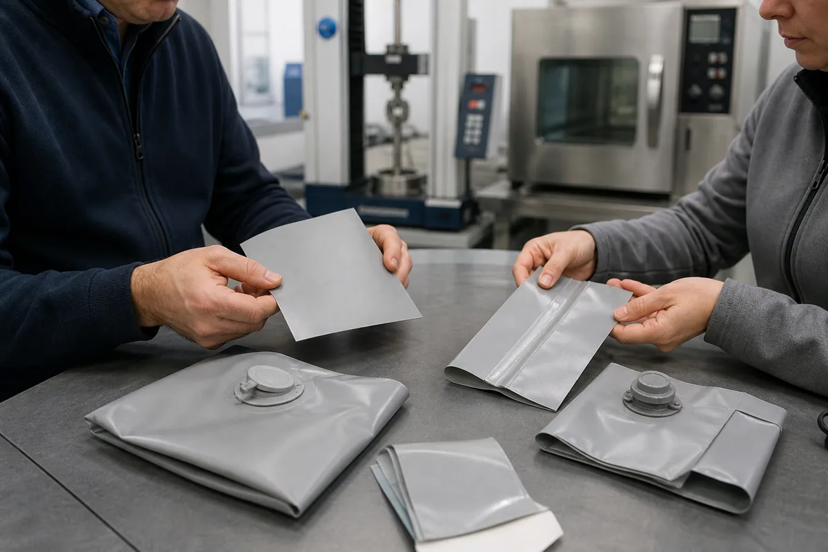 Technical buyer reviewing panel seam fitting and finished-product waterproof evidence