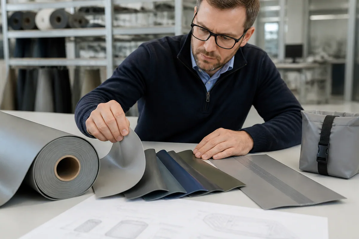TPU waterproof fabric roll swatches and welded sample reviewed for material selection