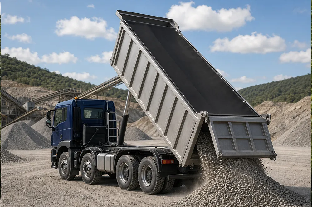 Raised dump truck bed fitted with a black interior tarp at a quarry