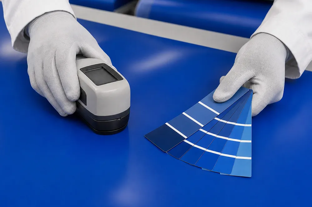 Blue coated tarp material checked with a color measurement device and color swatches