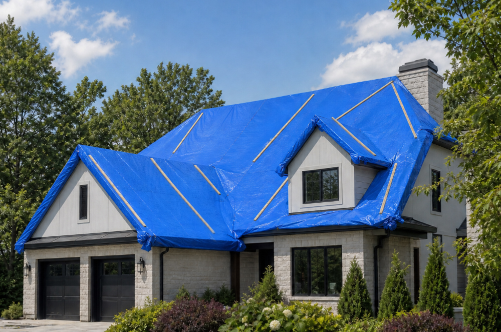 Blue roof tarp secured with battens across a pitched roof