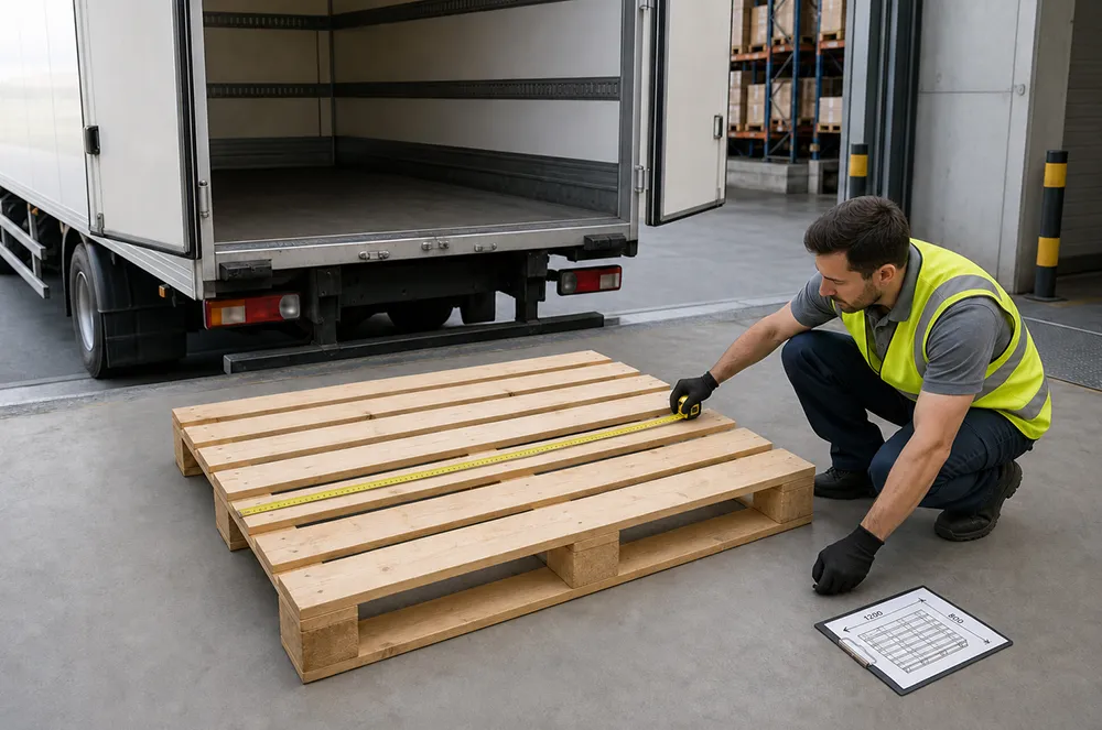 Warehouse worker measuring a wooden pallet before cover selection