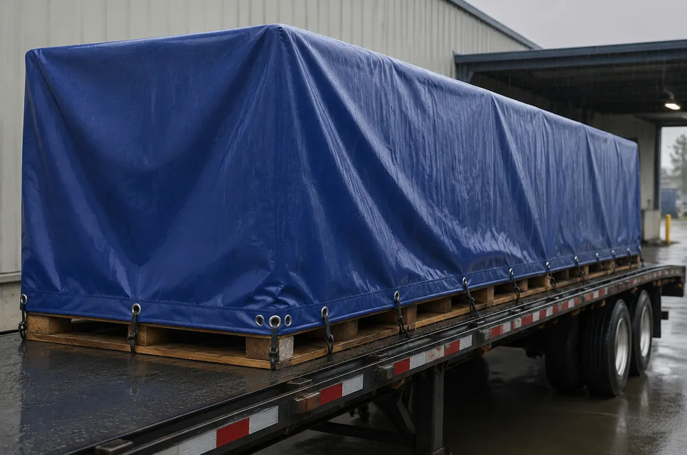 Blue waterproof vinyl tarp protecting flatbed cargo during rain at a loading dock