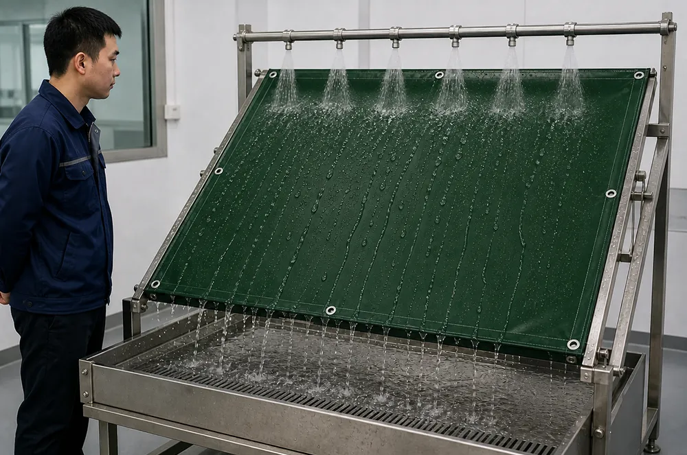 Worker observing a water-spray test on green PVC tarpaulin material