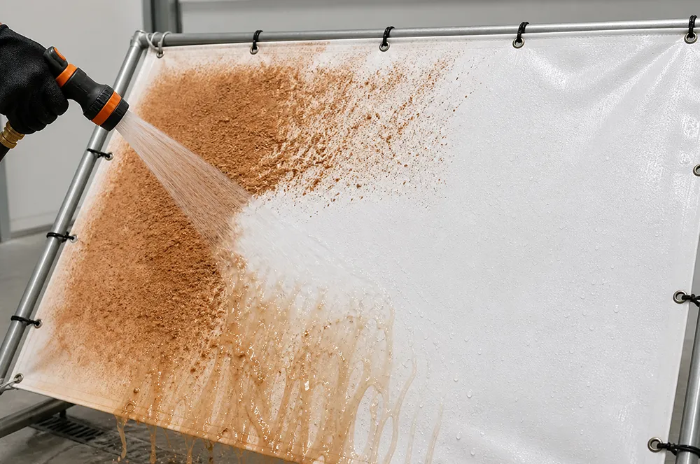 Water spray cleaning dirt from a white eyeleted flexible cover panel
