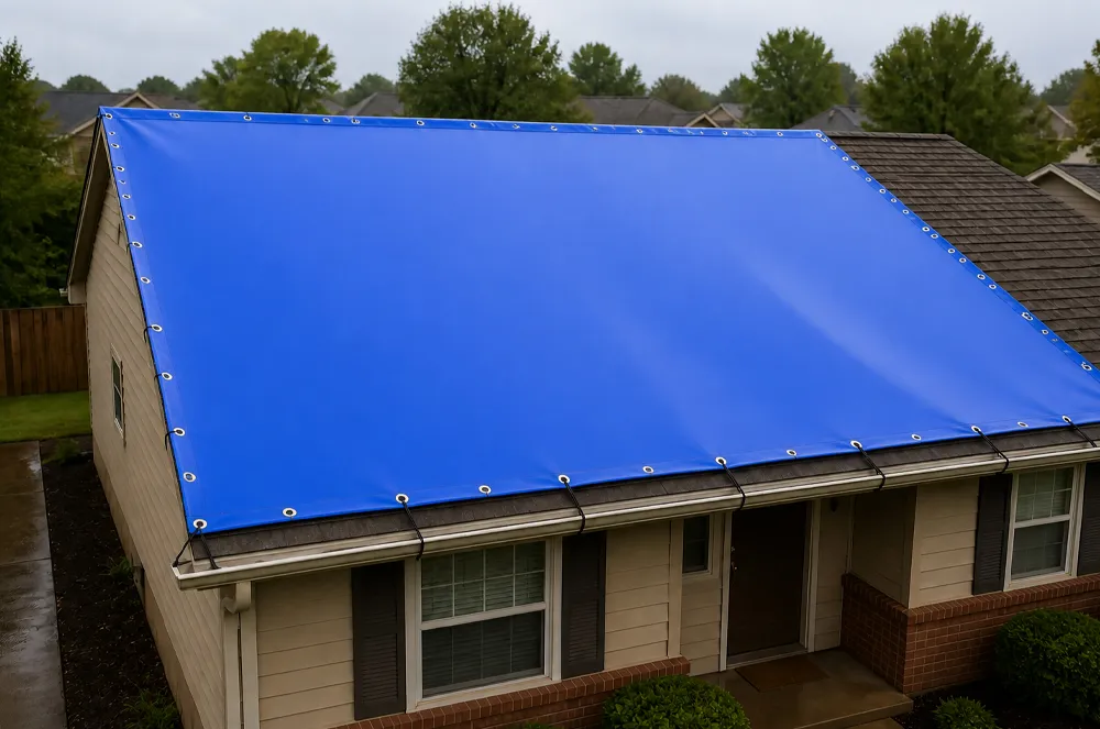 Blue eyeleted tarpaulin secured over a sloped residential roof