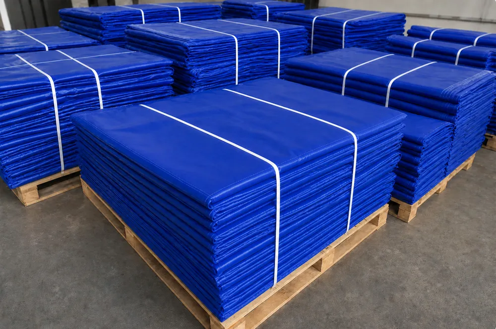 Bundles of blue finished tarpaulins packed on pallets