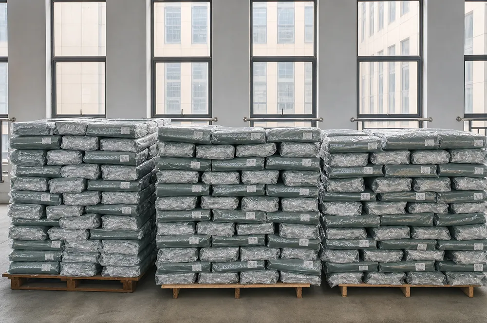 Packed grey tarpaulins stacked on pallets
