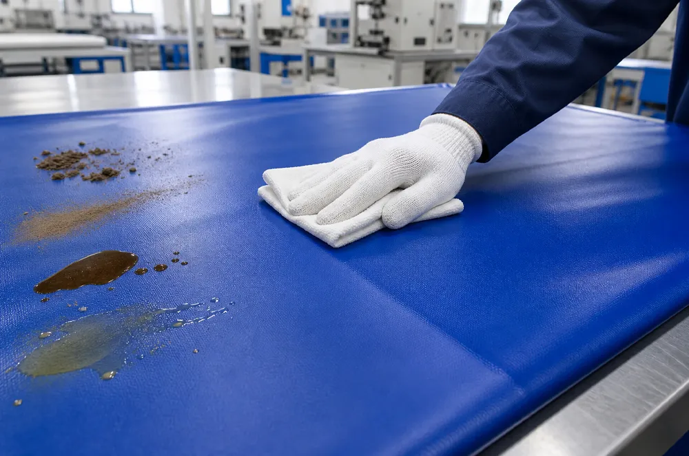 Worker cleaning the surface of a blue coated tarpaulin sheet