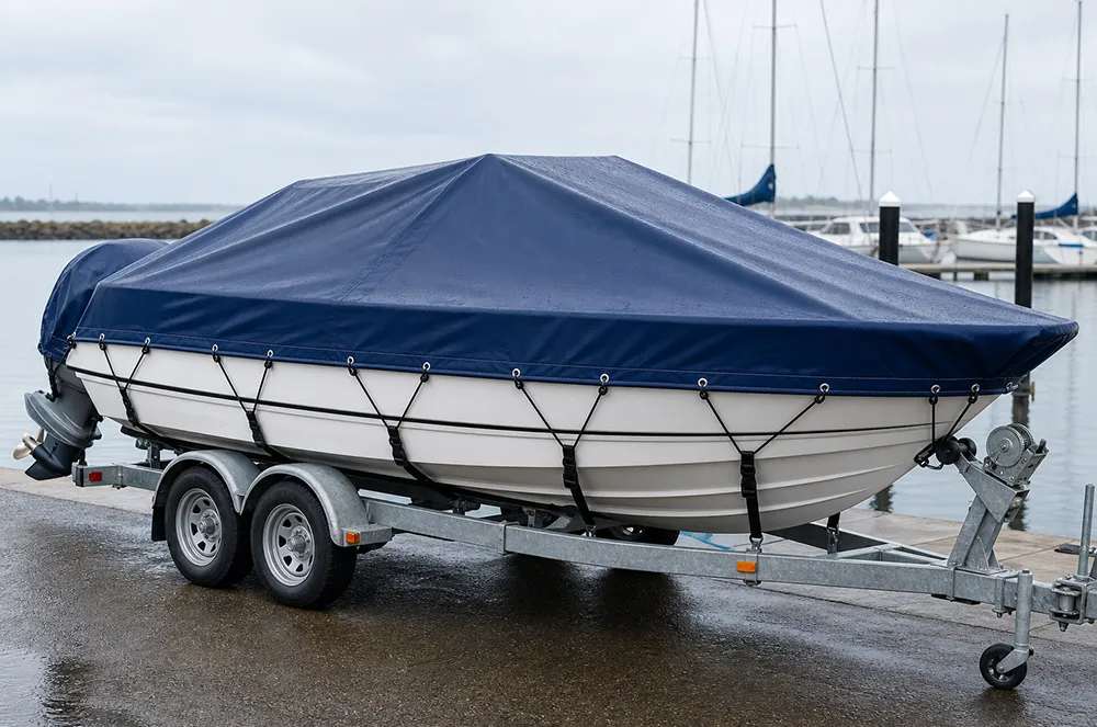 Navy boat cover with perimeter eyelets and tie-down straps on a trailer