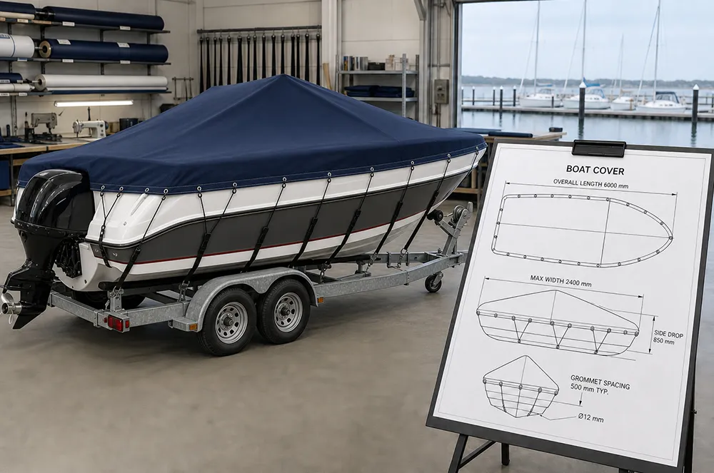 Custom boat cover beside a dimension drawing in a workshop