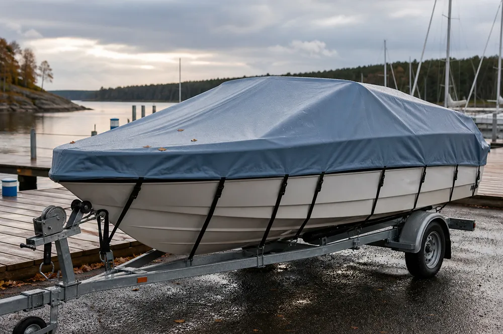 Grey fitted boat cover secured over a trailered motorboat at a marina