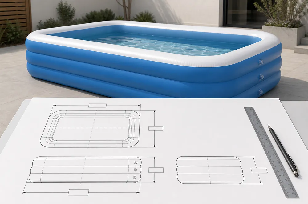 Rectangular inflatable pool beside a structure drawing and measurement tools