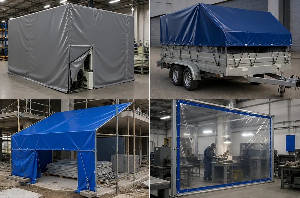 Industrial, trailer, scaffold and clear-panel tarps shown in different applications