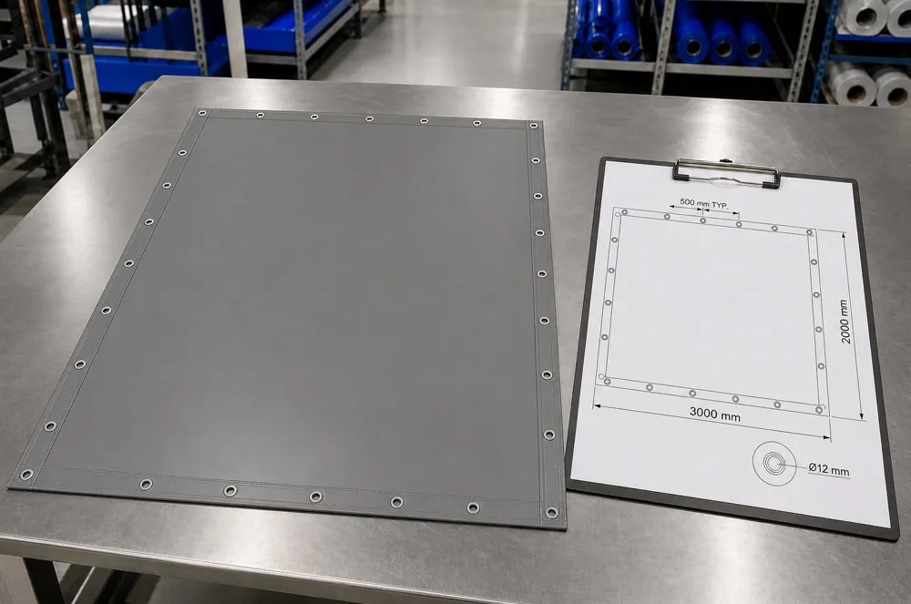 Grey eyeleted tarp sample beside a fastening-point drawing
