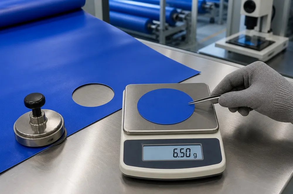Blue coated fabric sample being weighed beside a circular cut-out