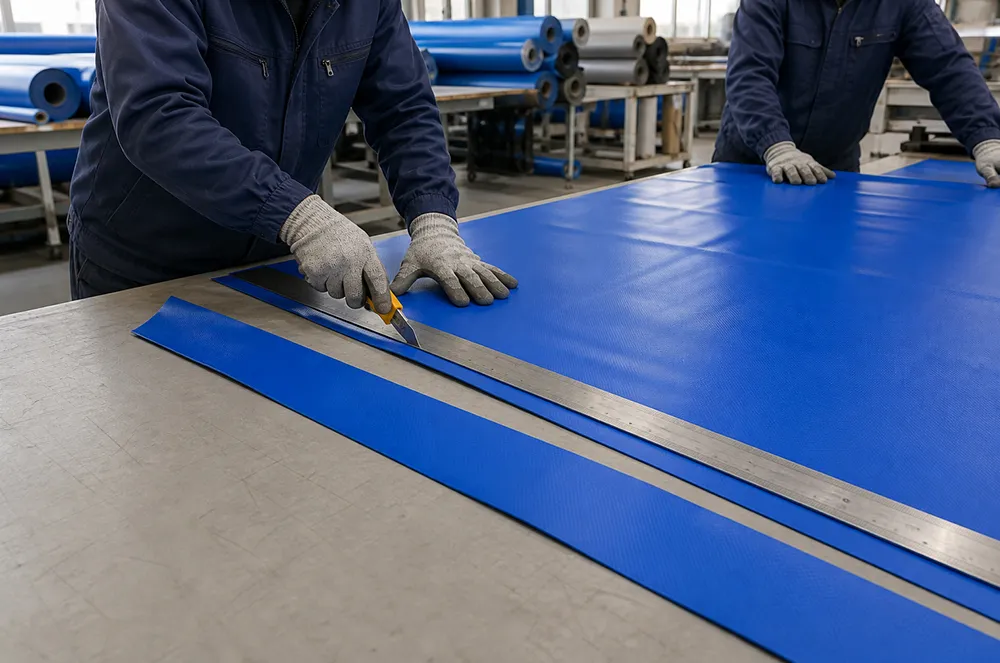 Workers measuring and cutting blue coated tarpaulin on a factory table