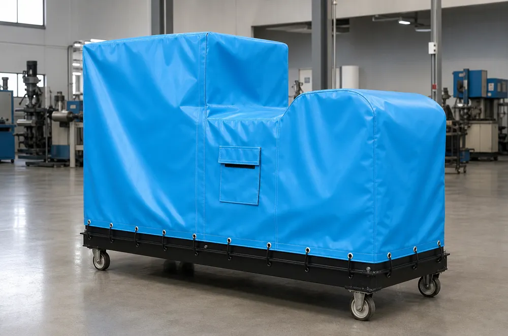 Blue custom equipment cover with seams, an access flap and an eyelet edge in a factory